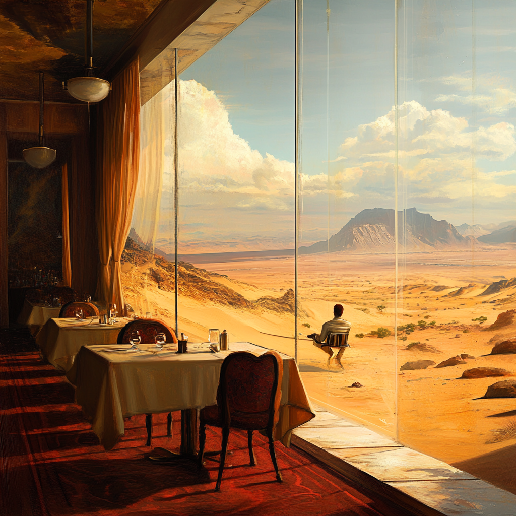 Mysterious man sits alone in desert diner window