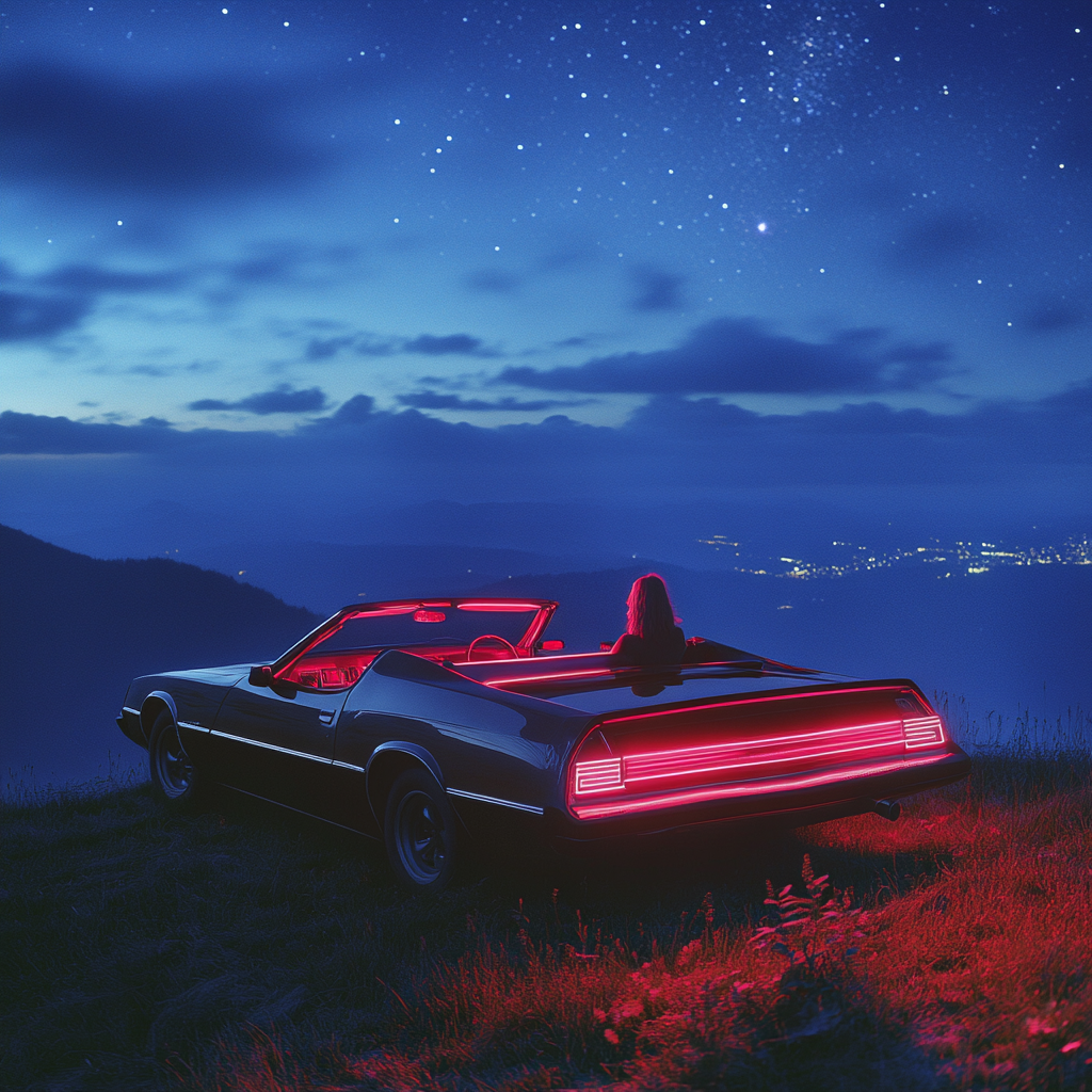 Mysterious night: Woman dreams on car top mountain.