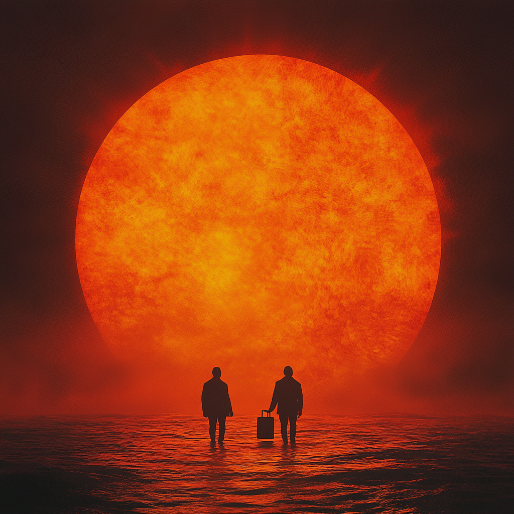 Mysterious ocean sunset with silhouetted figures walking.