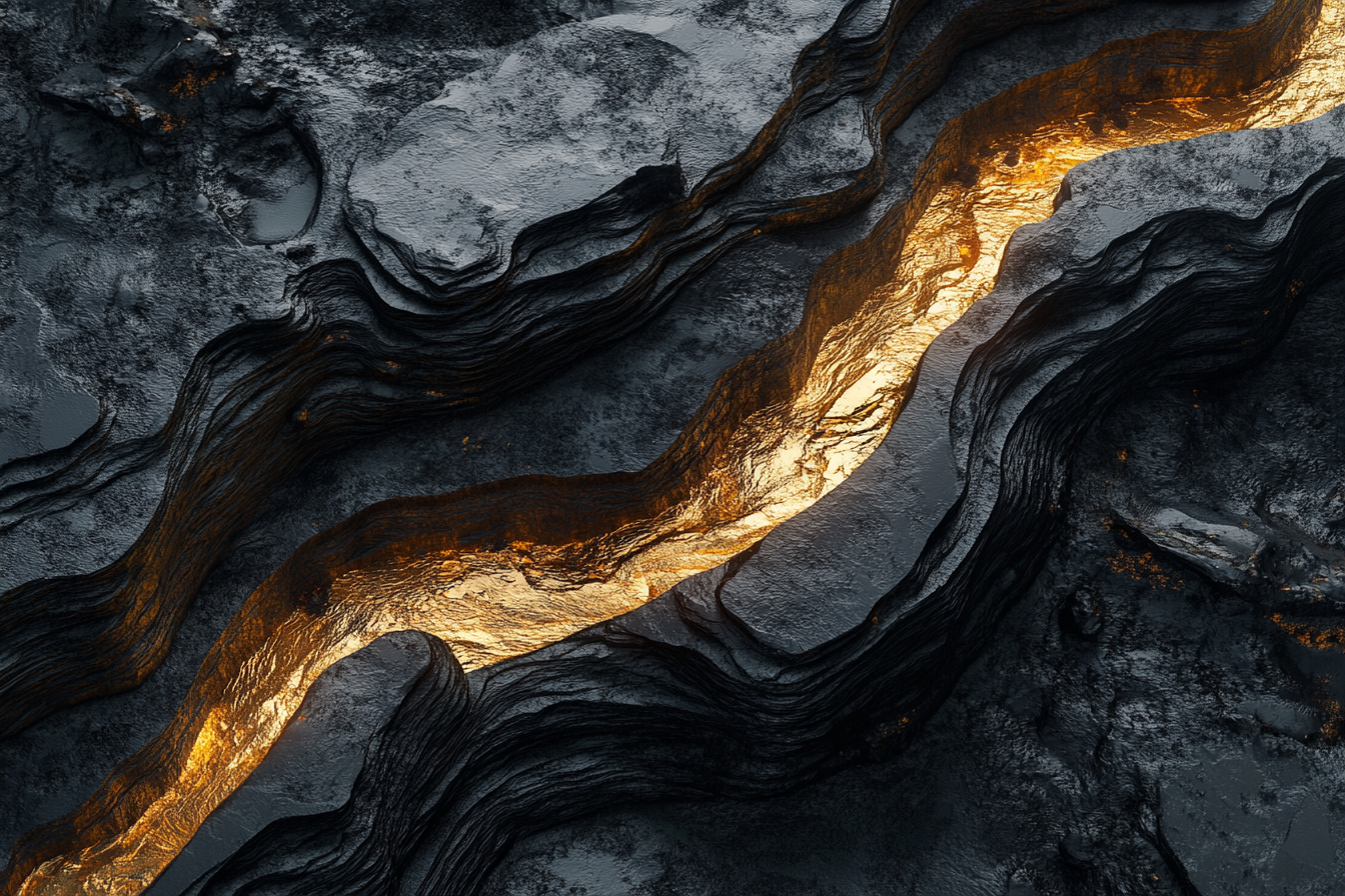 Mysterious river of golden lava on rocky surface