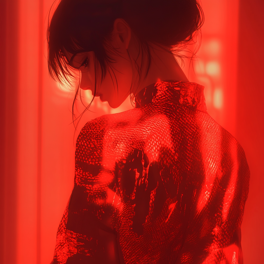 Mysterious woman in red snake-patterned outfit standing proudly