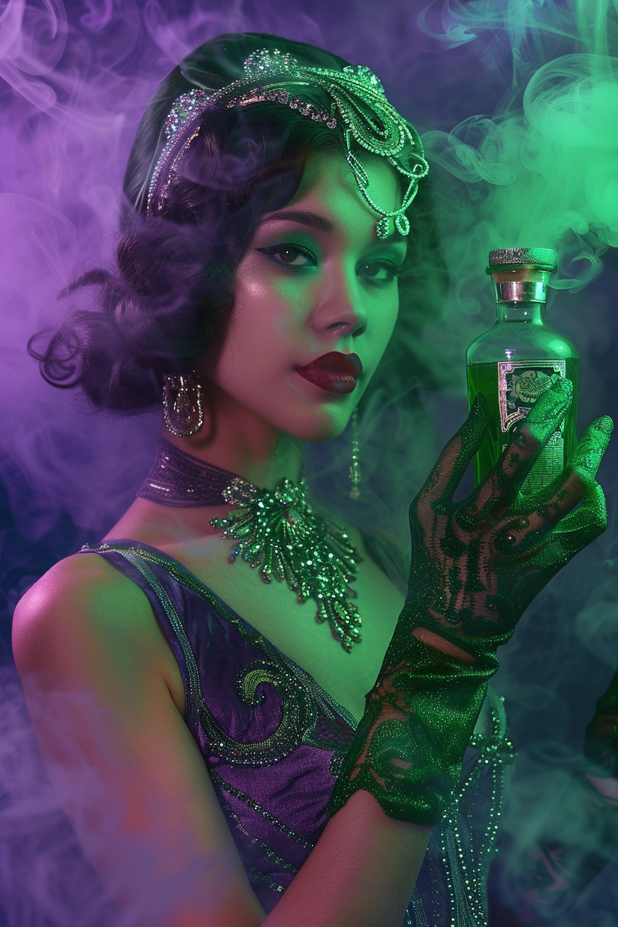 Mysterious woman in sparkling attire holds green potion