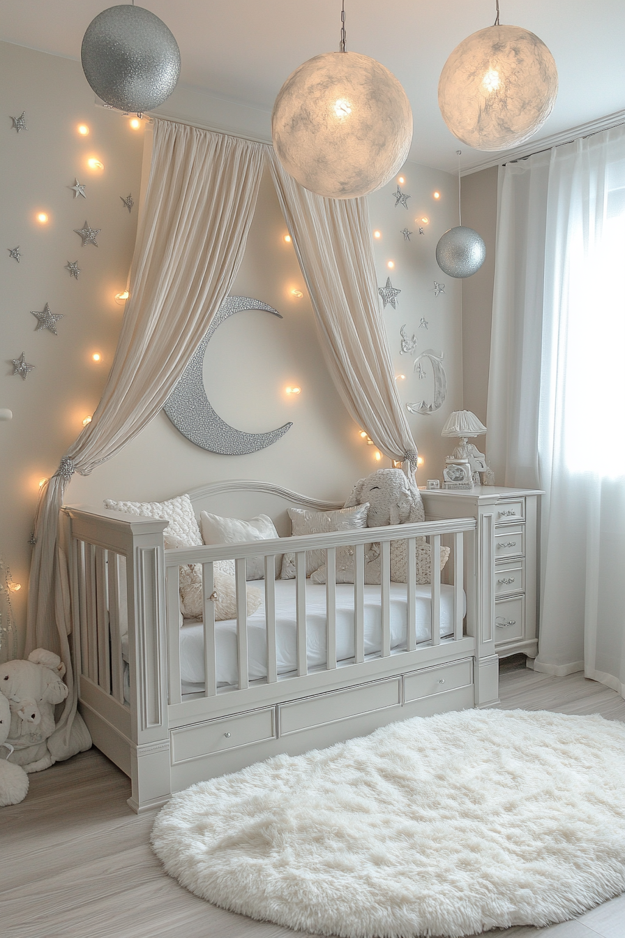 Mystic Moonbeam-themed nursery with moon-inspired decor, peaceful atmosphere.