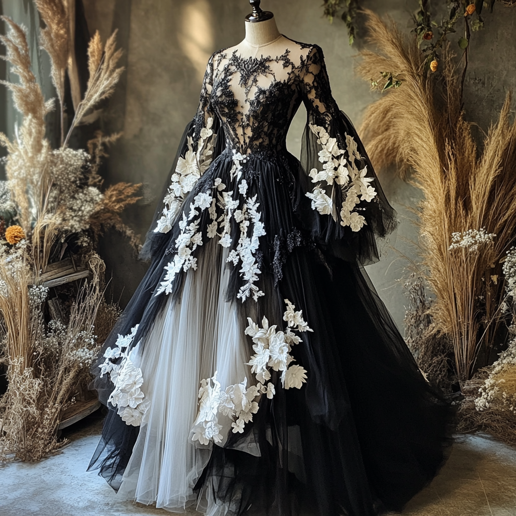 Mystical Black Gown with White Lace Appliqués