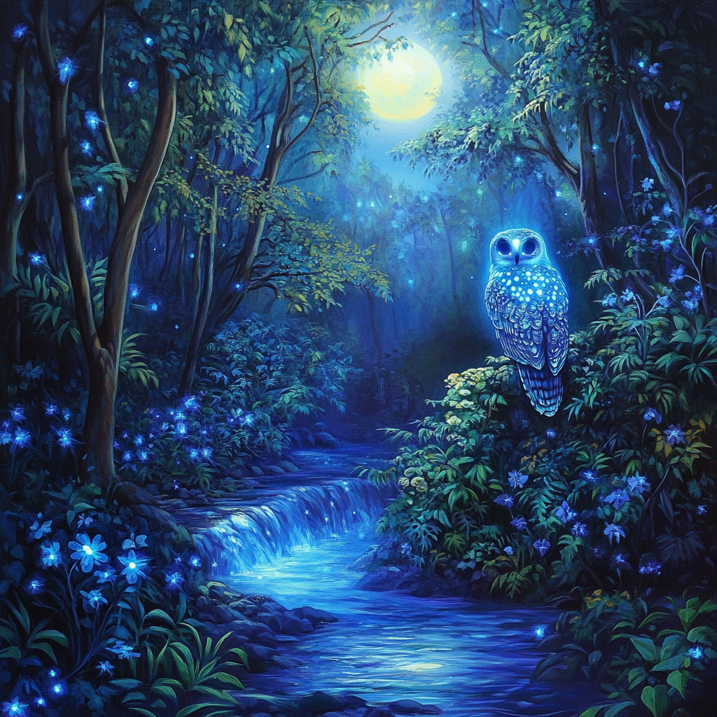 Mystical Glowing Owl in Bioluminescent Twilight Forest