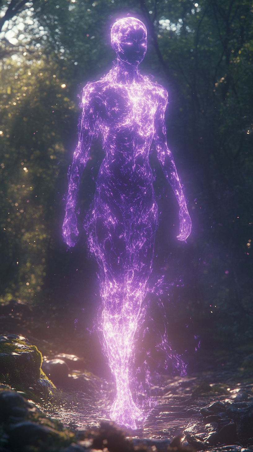 Mystical Purple Figure Radiates Light in Enchanted Forest.