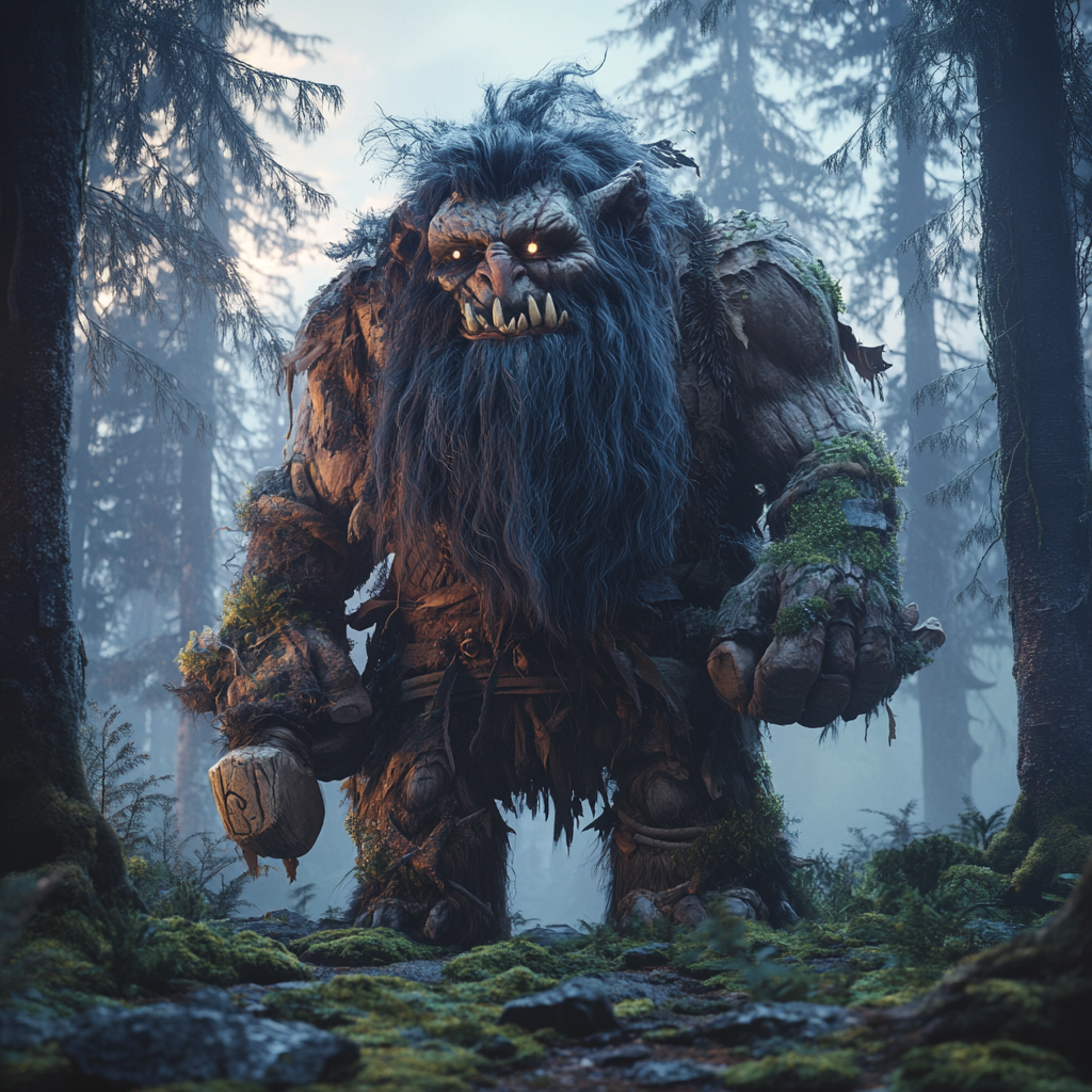 Mystical Scandinavian Troll in Pine Forest