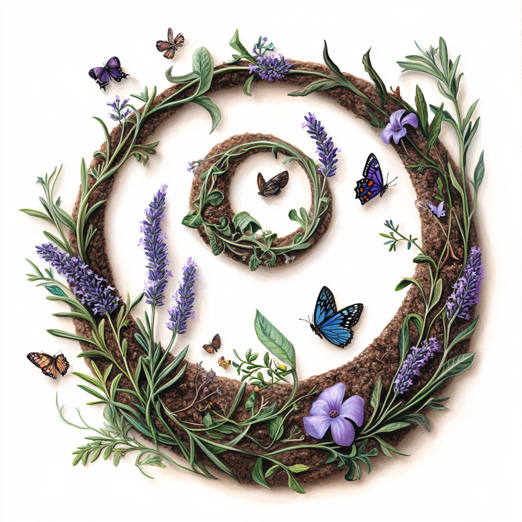 Mystical Spiral Herb Garden with Butterflies and Birds