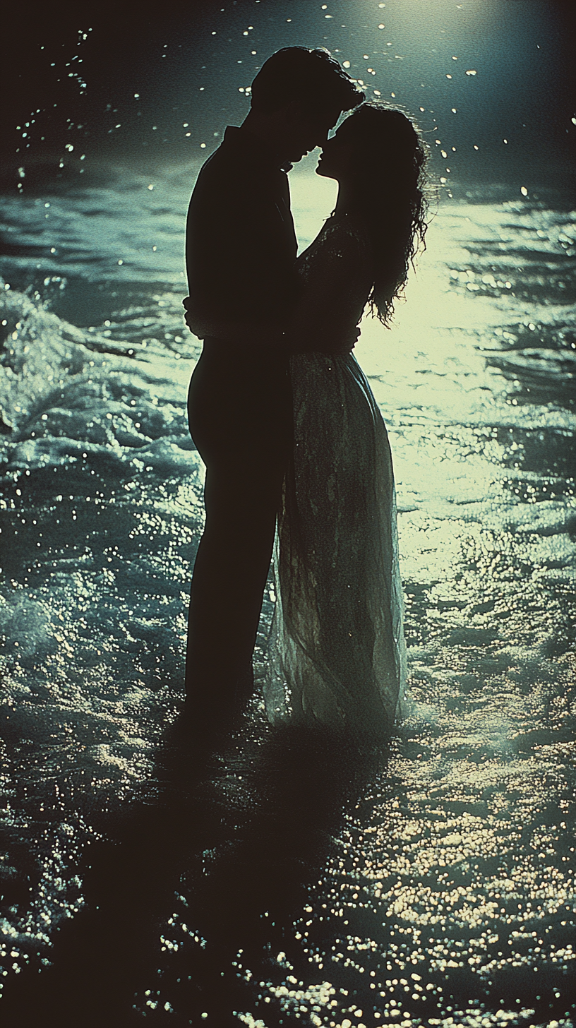 Mystical couple in ocean at night, vintage colors.