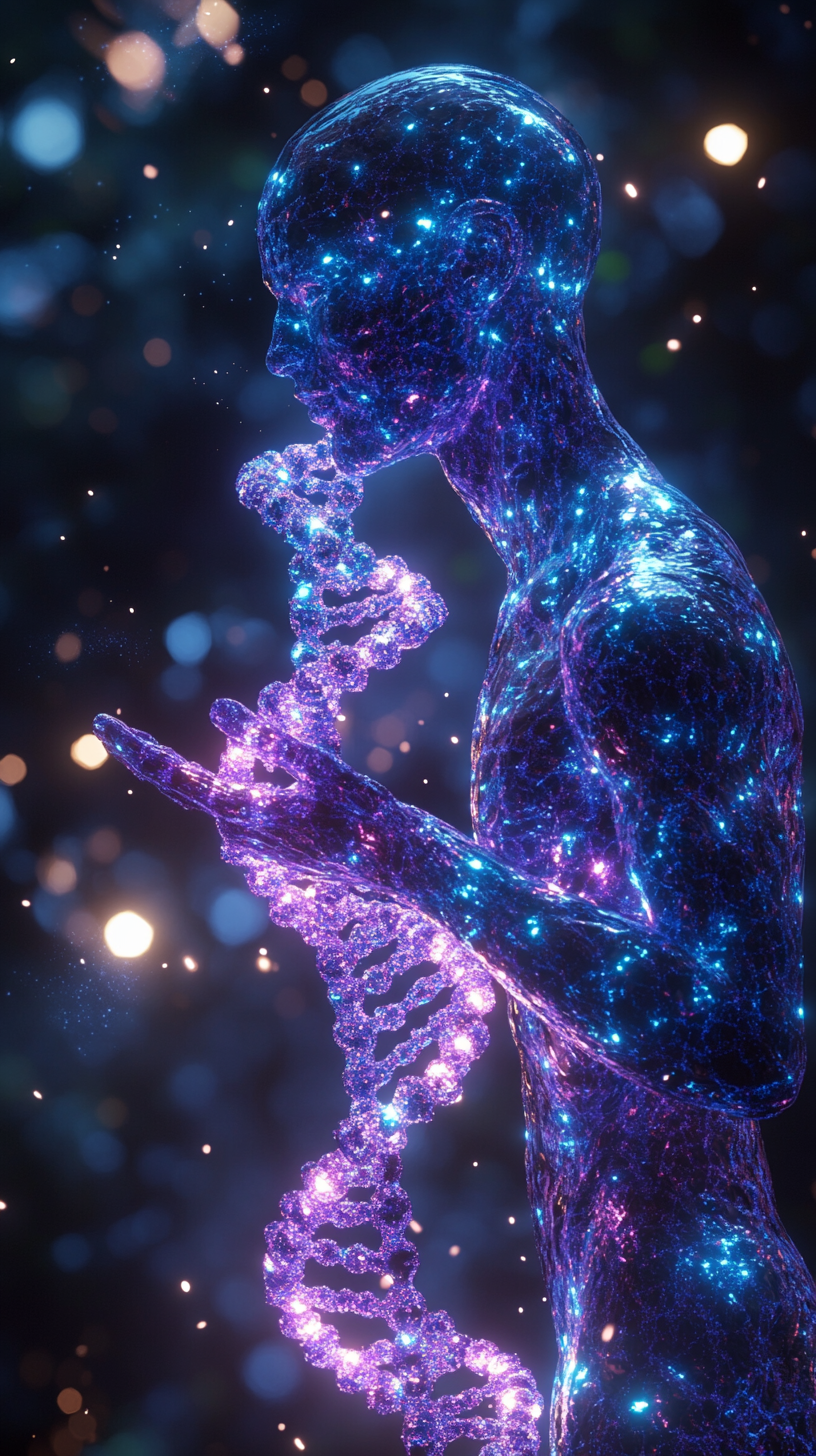 Mystical figure holds glowing DNA helix in cosmos.