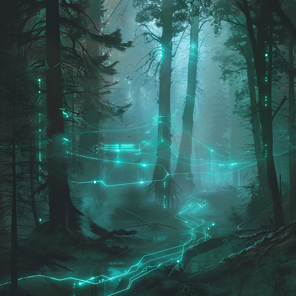 Mystical forest with nature and technology glowing together.