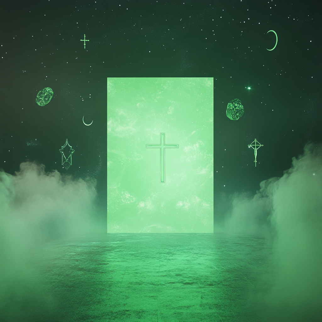 Mystical green screen with religious symbols in space