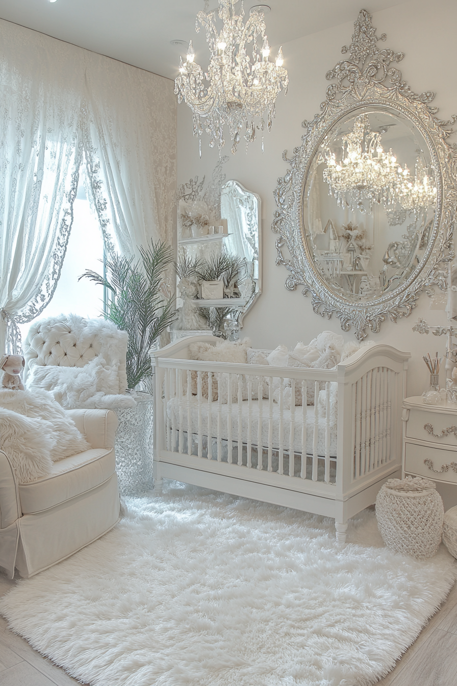 Mystical nursery adorned with ornate mirrors in bright space.