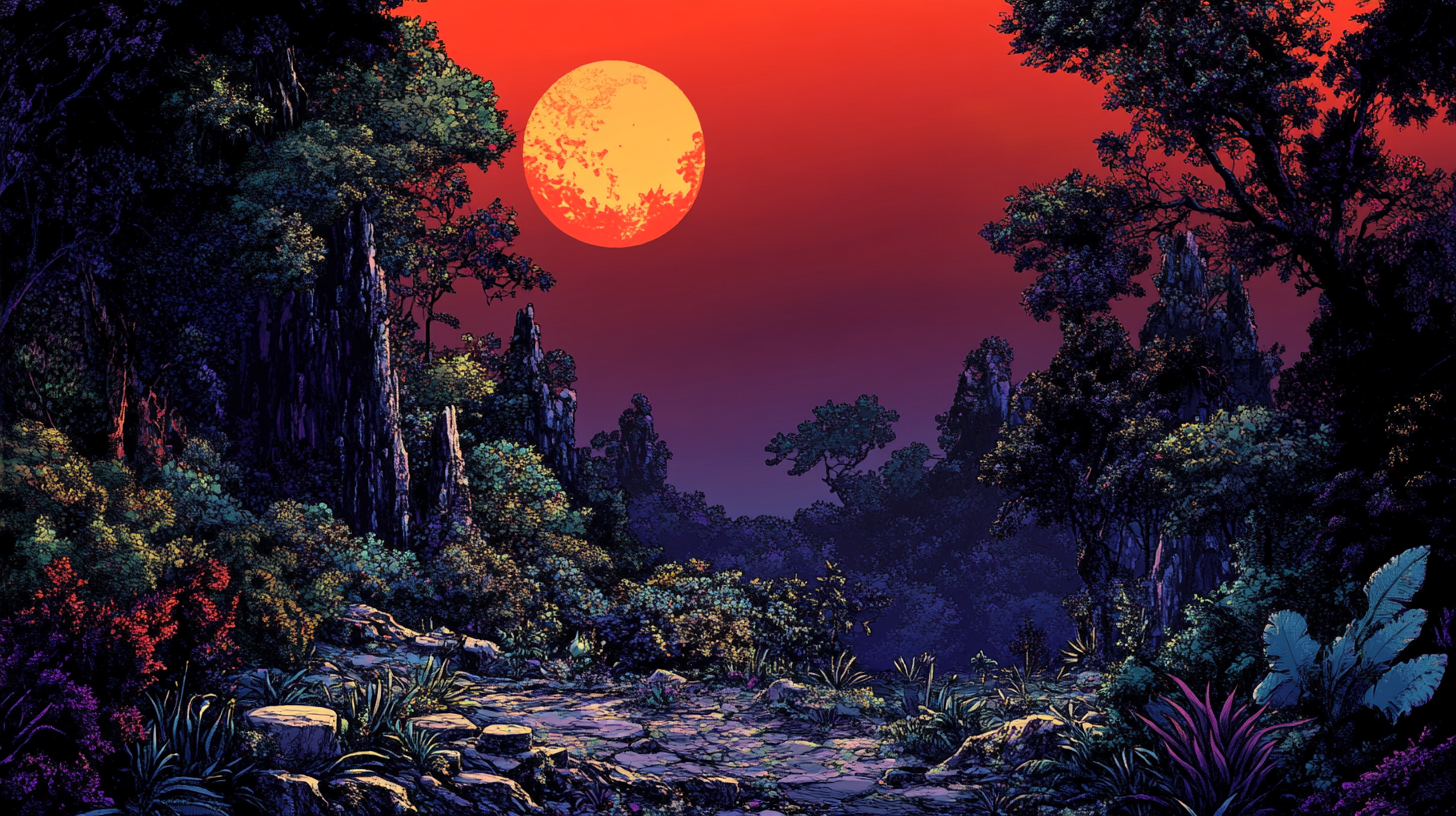 Mystical red moonlit forest with alien plants