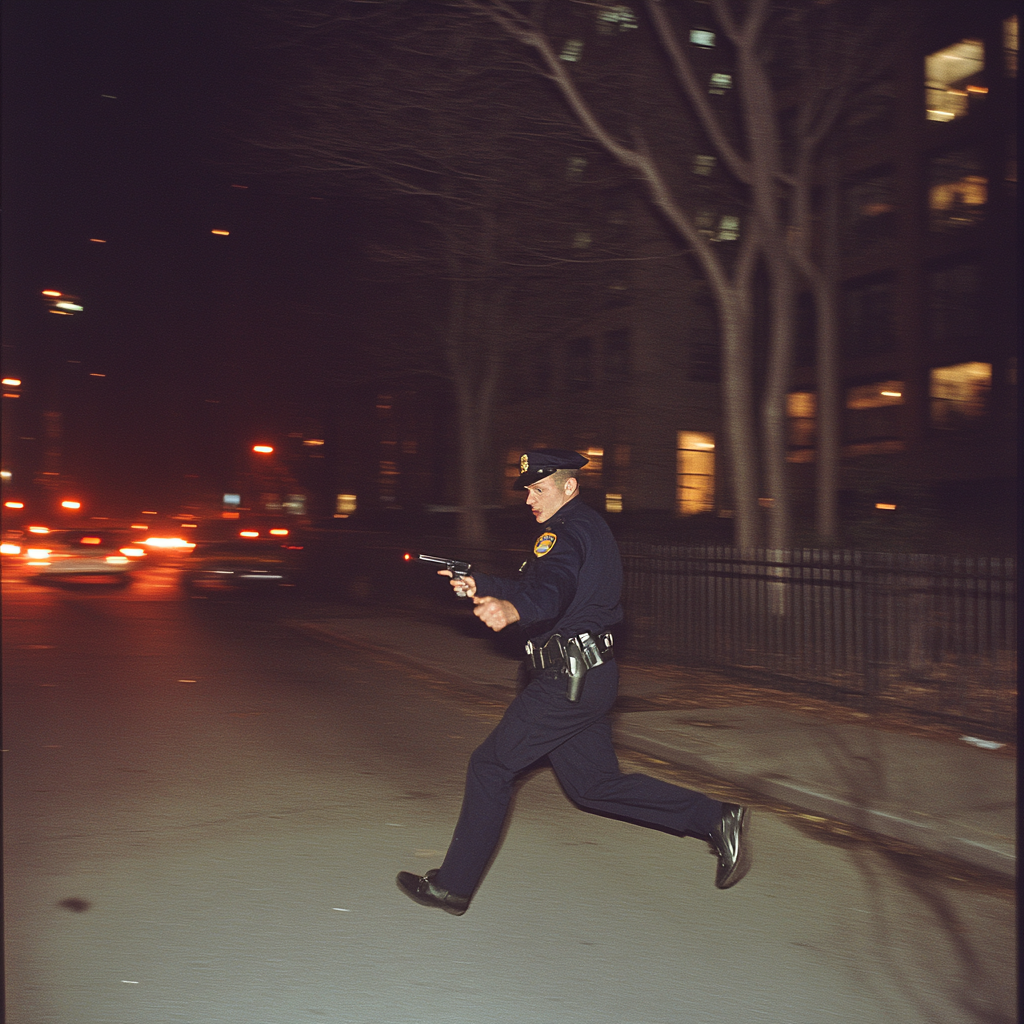 NYPD officer running with gun in vintage NYC.