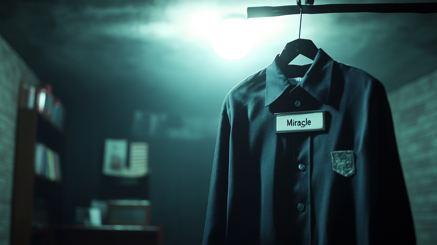 Name tag says 'Miracle' on Korean school uniform hanging.
