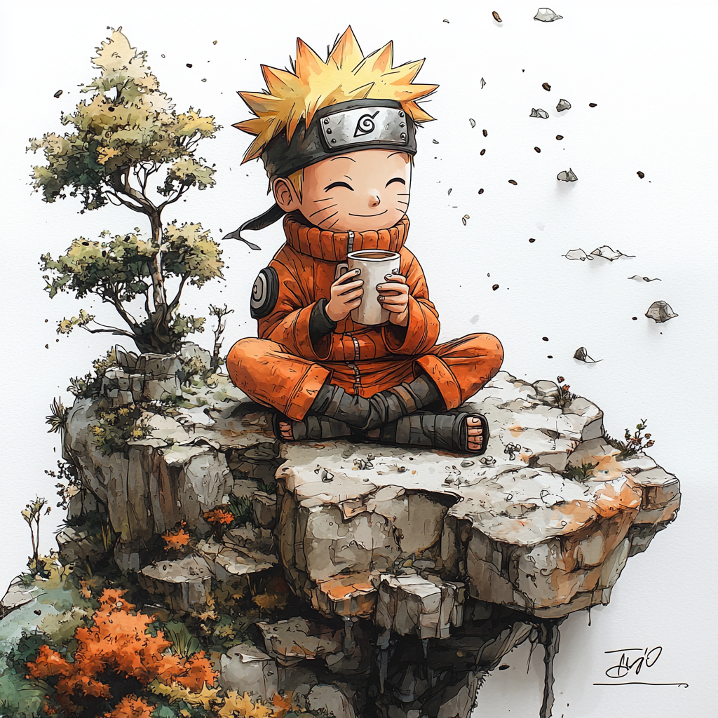 Naruto sitting on rock drinking coffee in Miyazaki style