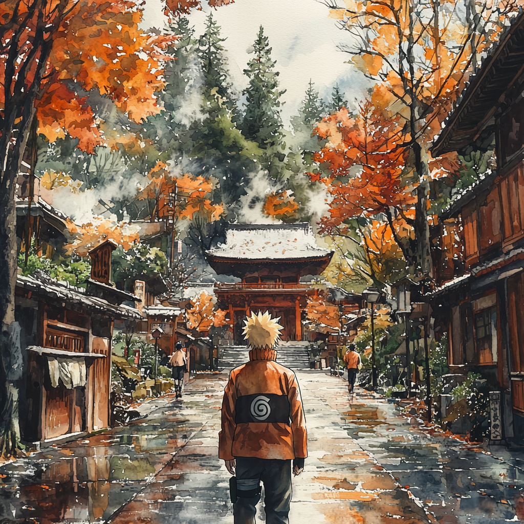 Naruto sketch in Miyazaki style, anime village background