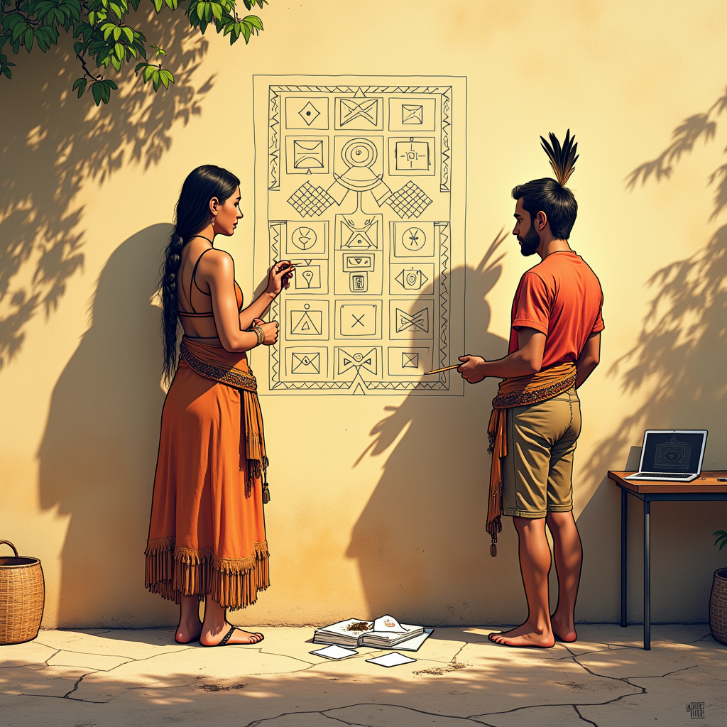 Native American Artist Painting Outside, Laptop Nearby