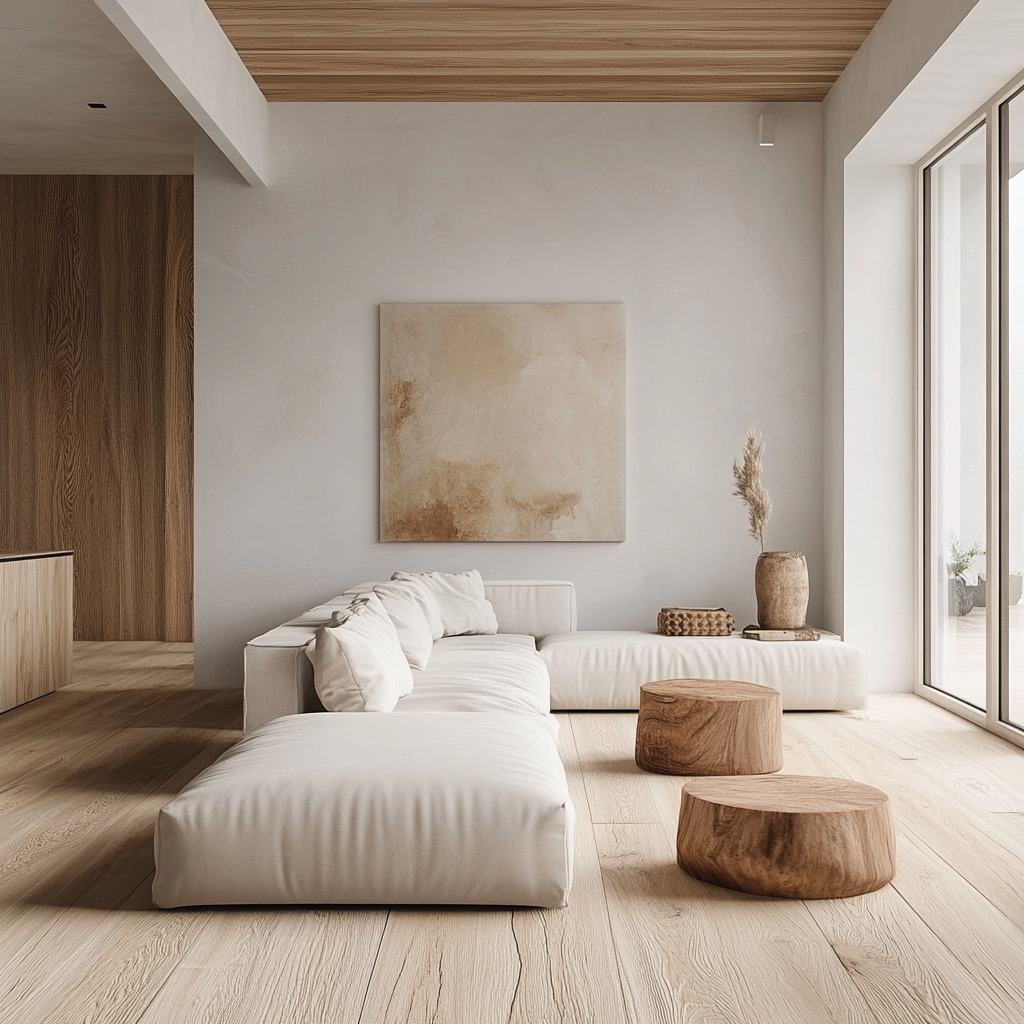 Natural materials, light wood, neutral tones create airy interior.