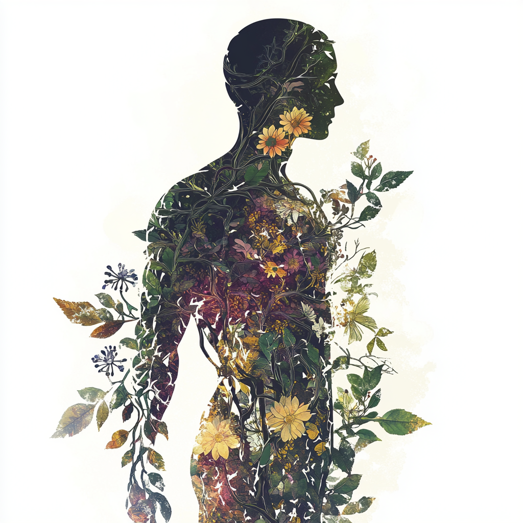 Nature-filled Human Silhouette with Intricate Floral Patterns