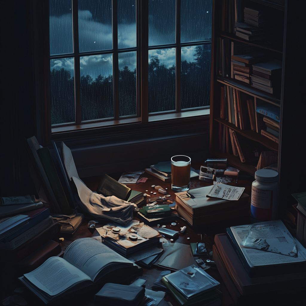 Neglected Room with Scattered Items and Stormy Night