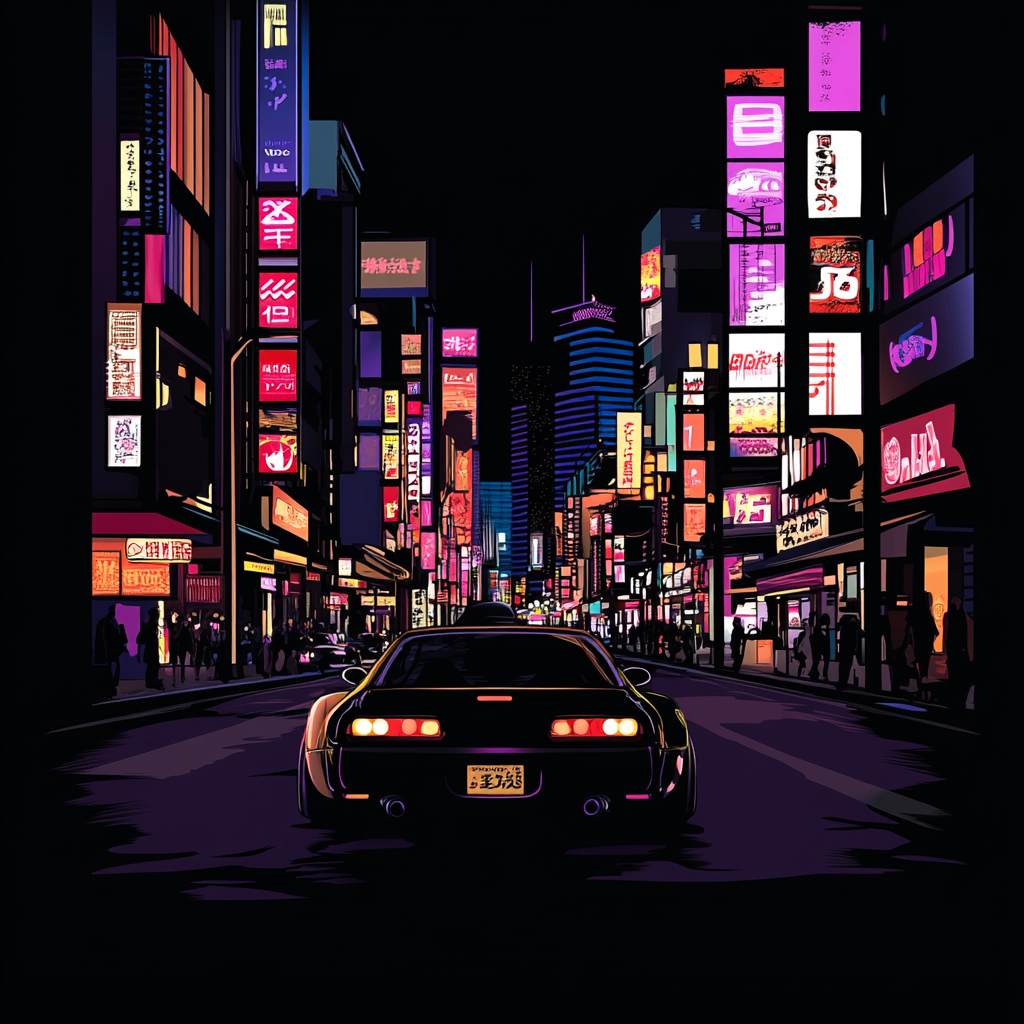 Neon Japan City Street with Racing Cars Silhouettes