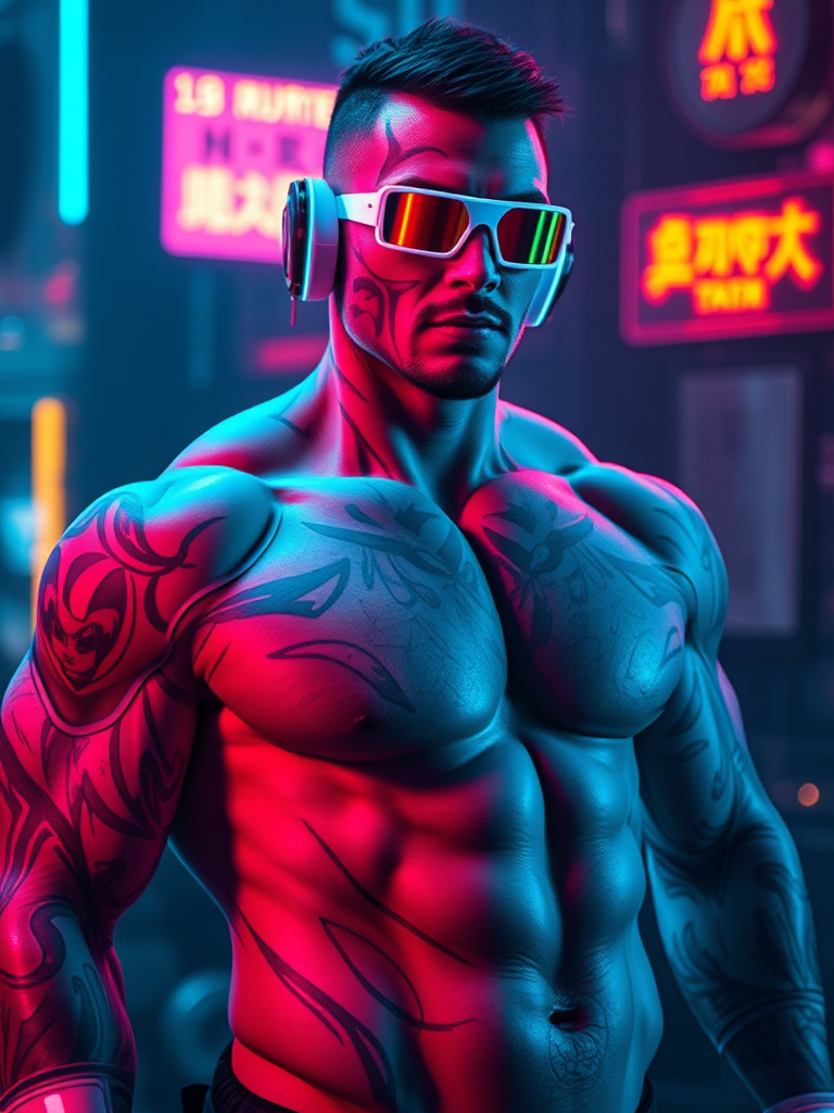 Neon Tattooed Cyberpunk Man: Stock Photo.