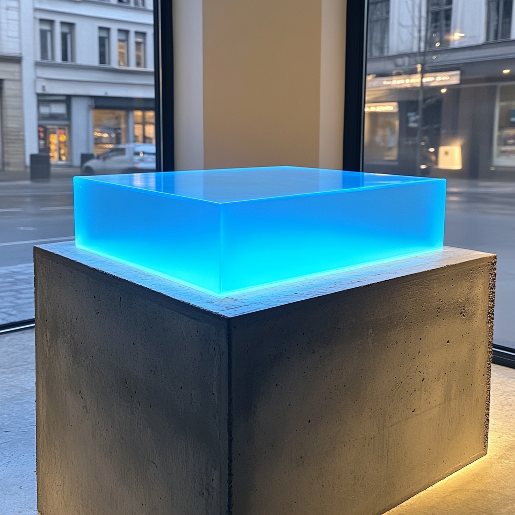 Neon blue box on concrete pedestal in Copenhagen gallery.