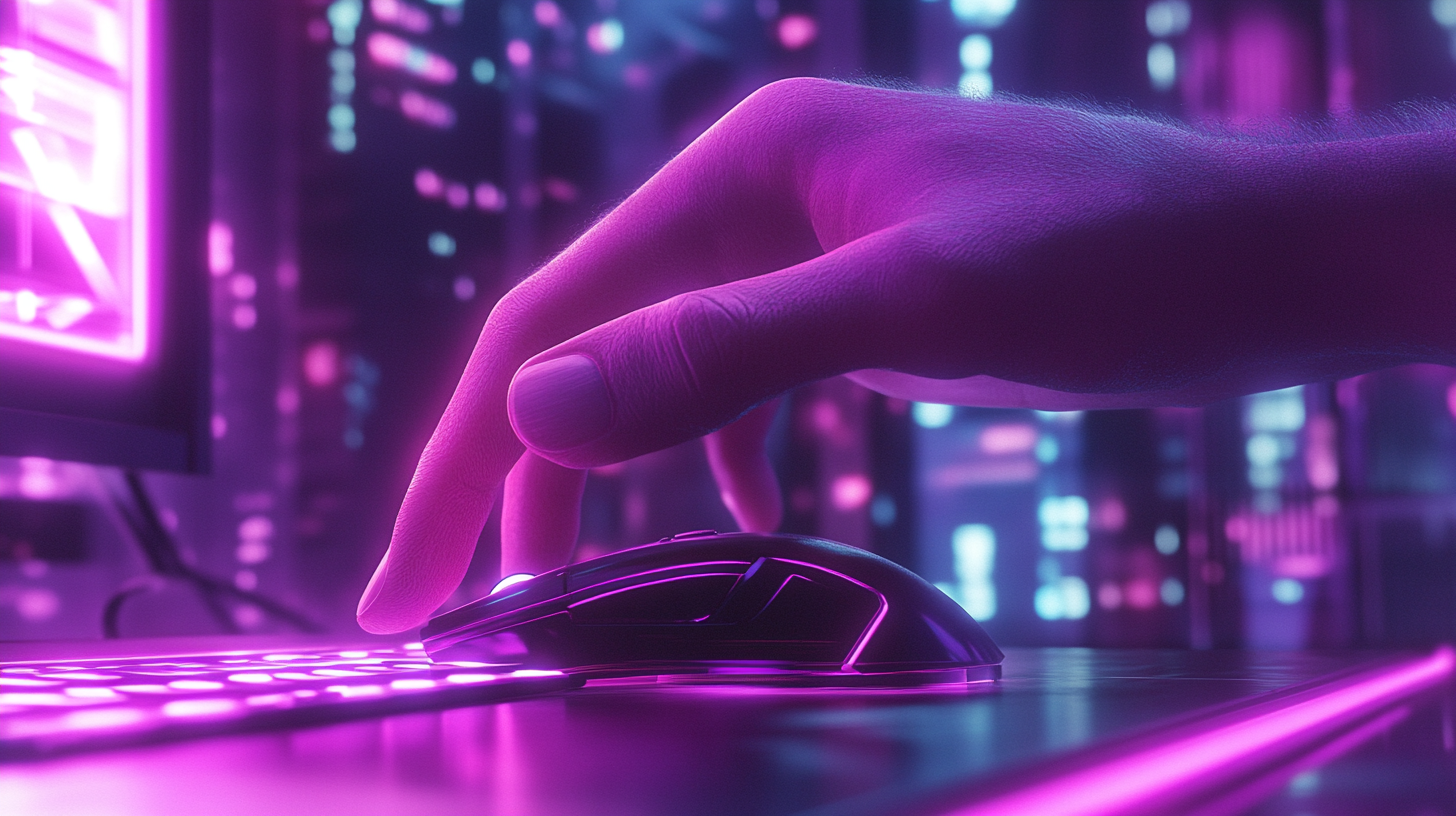 Neon glowing hand clicks mouse in cyber office