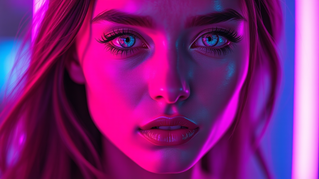 Neon lights give woman glowing face in portrait.