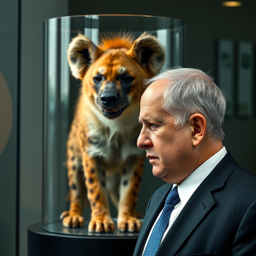 Netanyahu poses with hyena in glass reflection