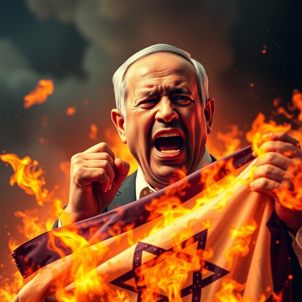 Netanyahu rises from flames holding torn flag, crying.