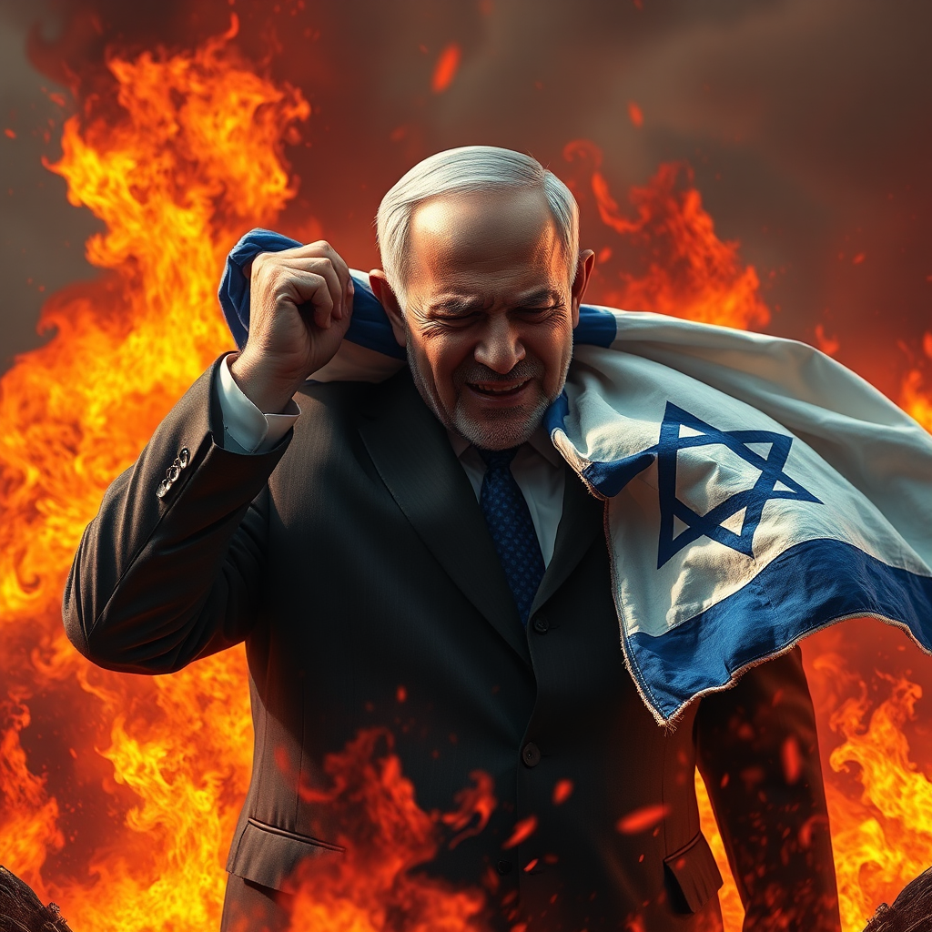 Netanyahu rises in flames, holds flag, cries.