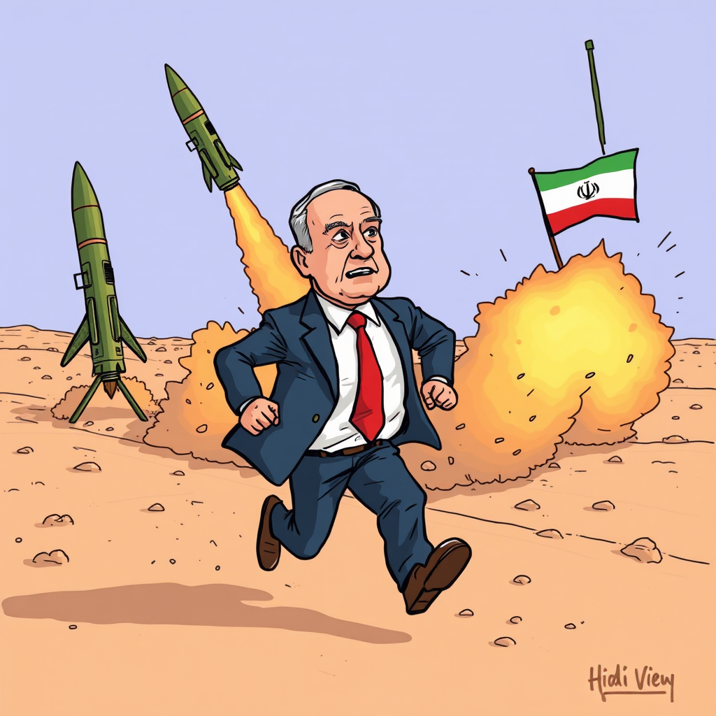 Netanyahu running from missiles with Iranian flag, cartoon image.