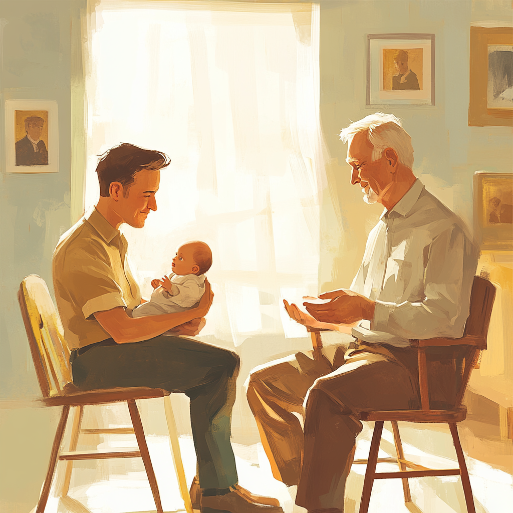 New Father and Grandfather Admiring Baby in Room