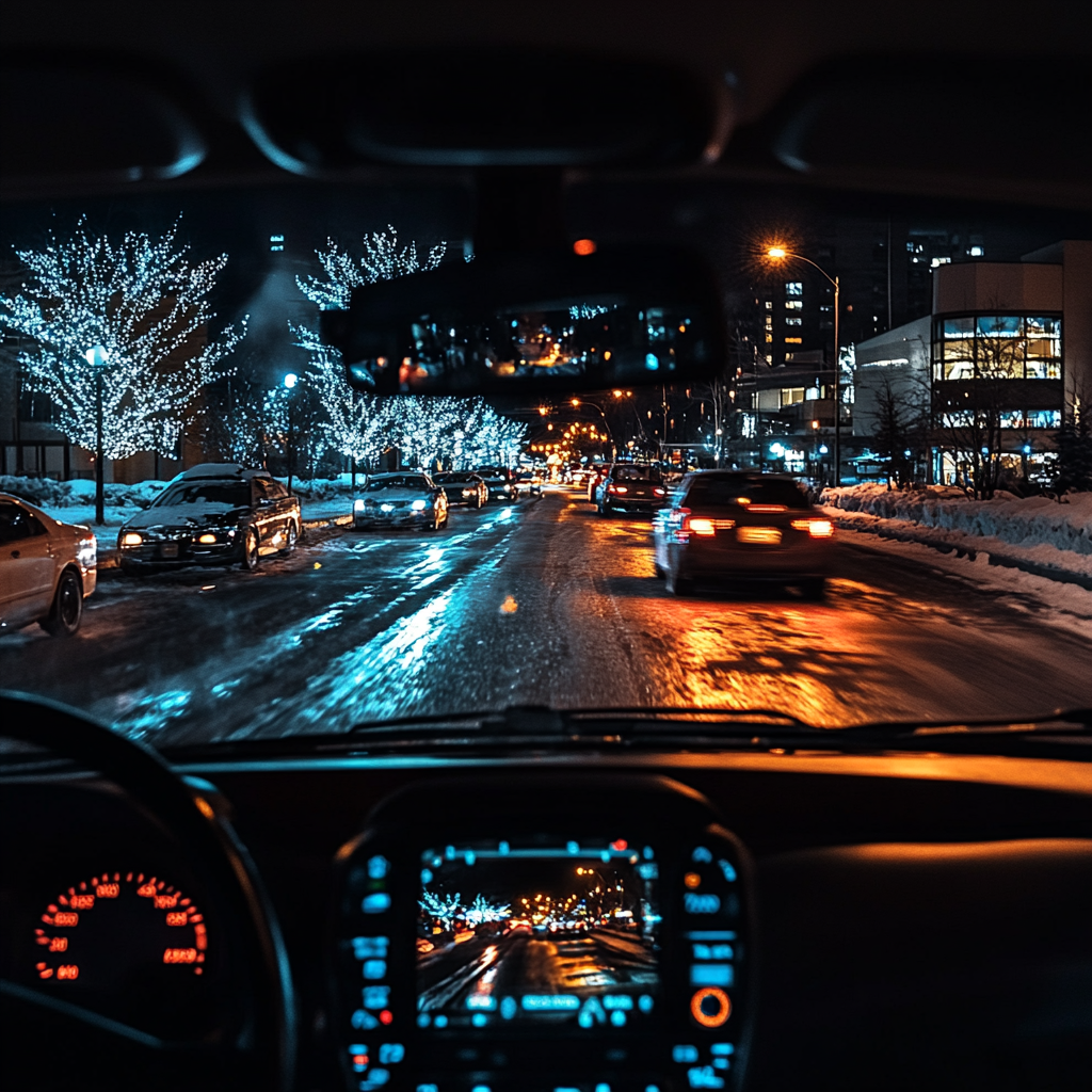 Night view from inside car with enhanced vision.