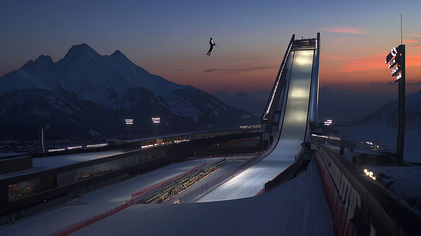 Nighttime ski jump competition with V-style form