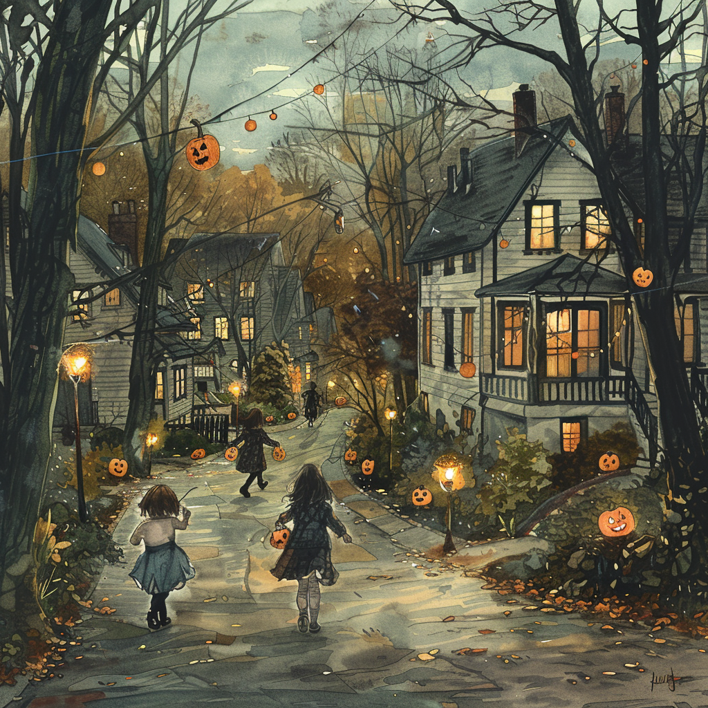 Nina and Maya excitedly explore Halloween-decorated neighborhood