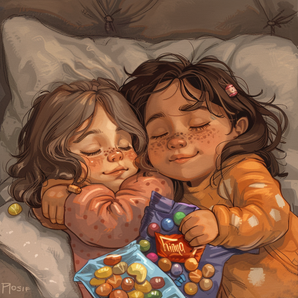 Nina and Maya sleep on couch with candy