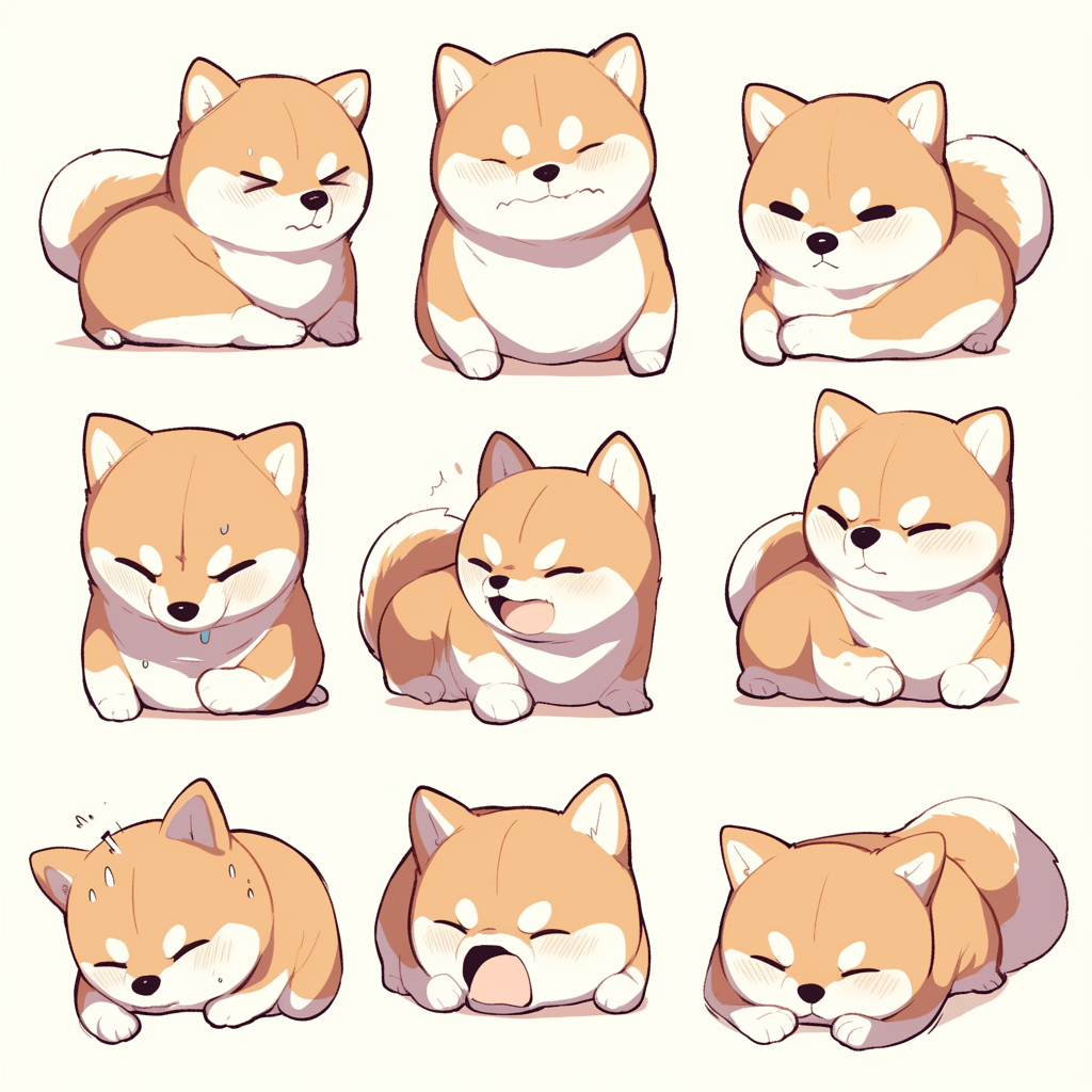 Nine cute shiba inu in different poses.