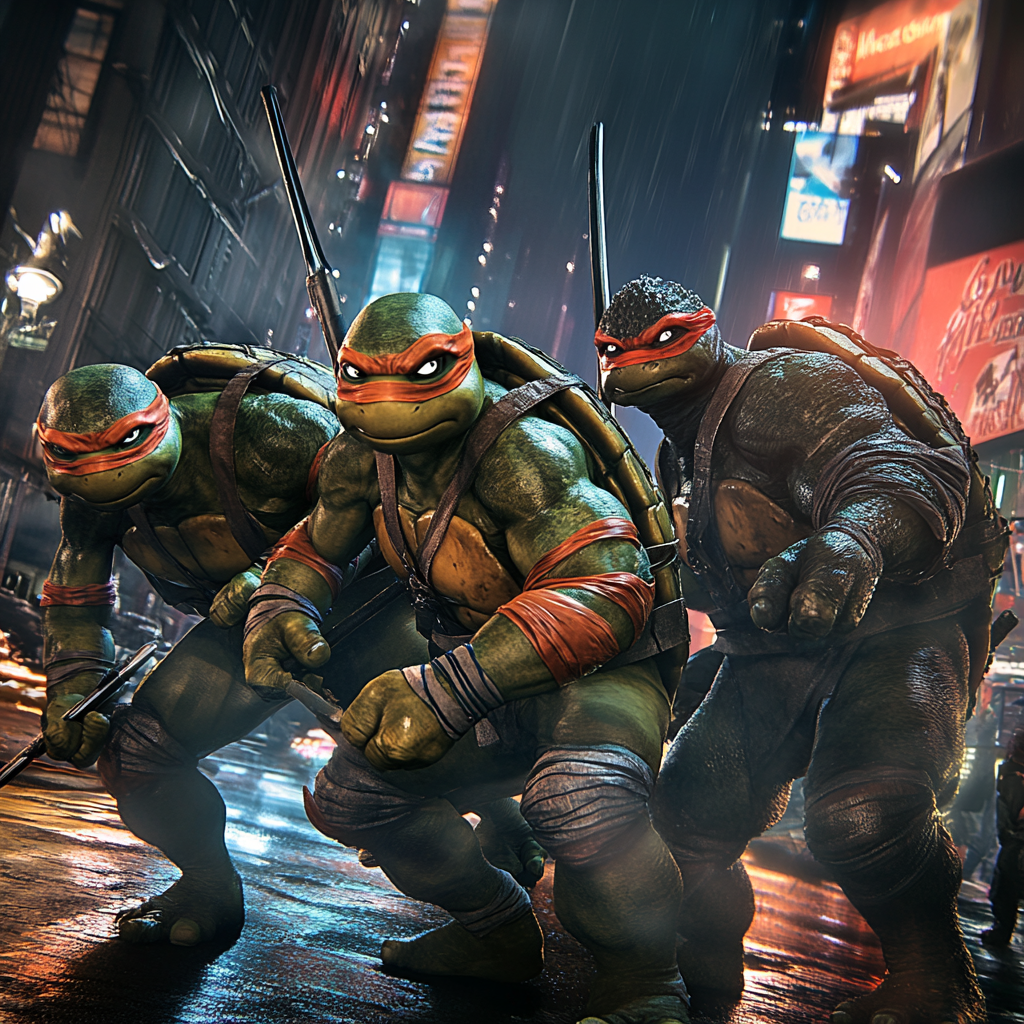 Ninja Turtles and Master Splinter ready for battle.