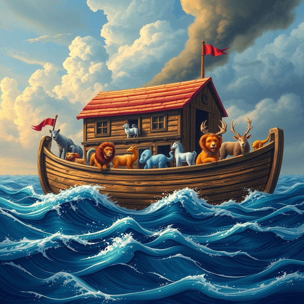 Noah's ark carrying pairs of animals over sea.