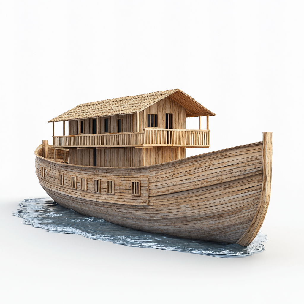 Noah's rectangular ark in turbulent water with cabin