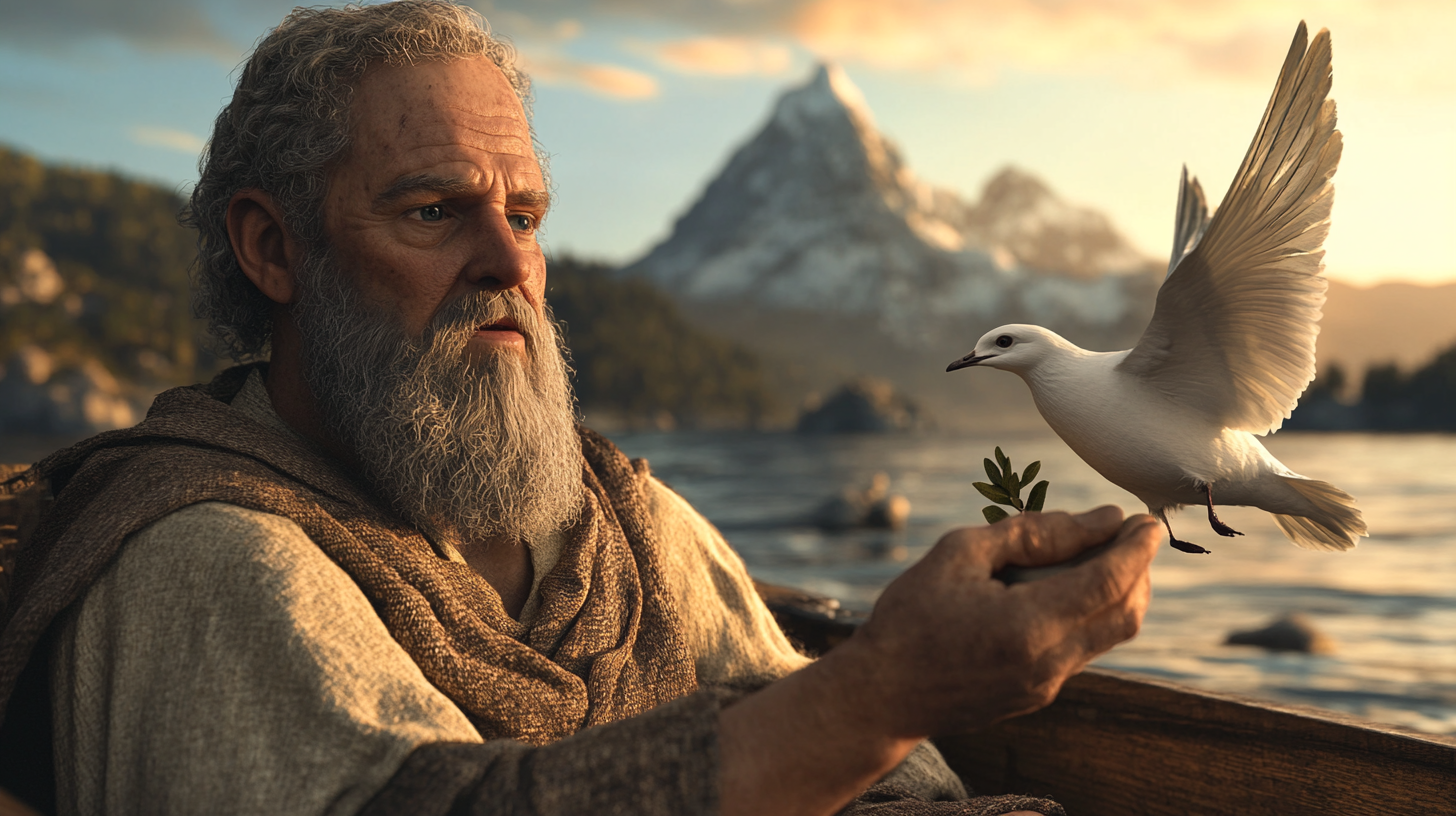 Noah Holds Dove with Olive Leaf on Ark