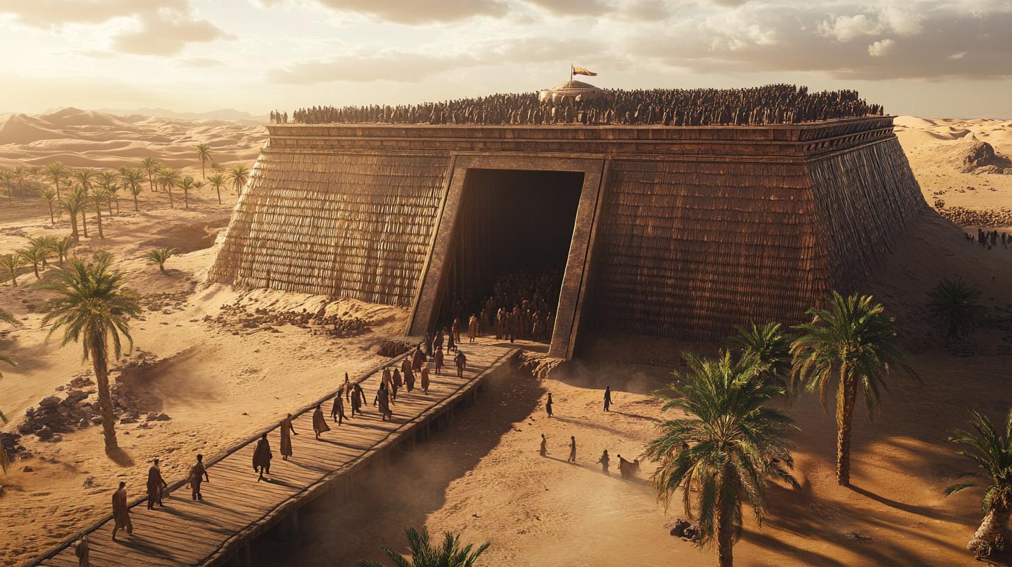 Noah and Family Entering Enormous Ark in Desert