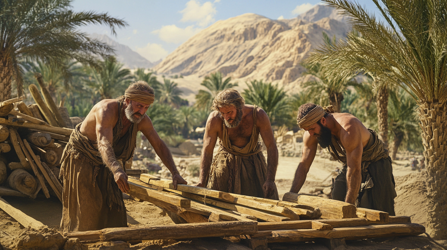 Noah and Sons Build Ark in Ancient Desert landscape