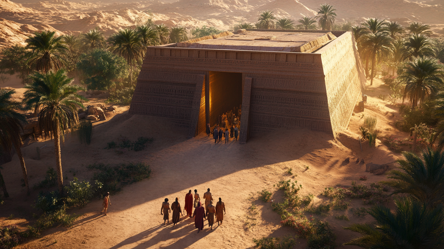 Noah and family boarding ark in desert