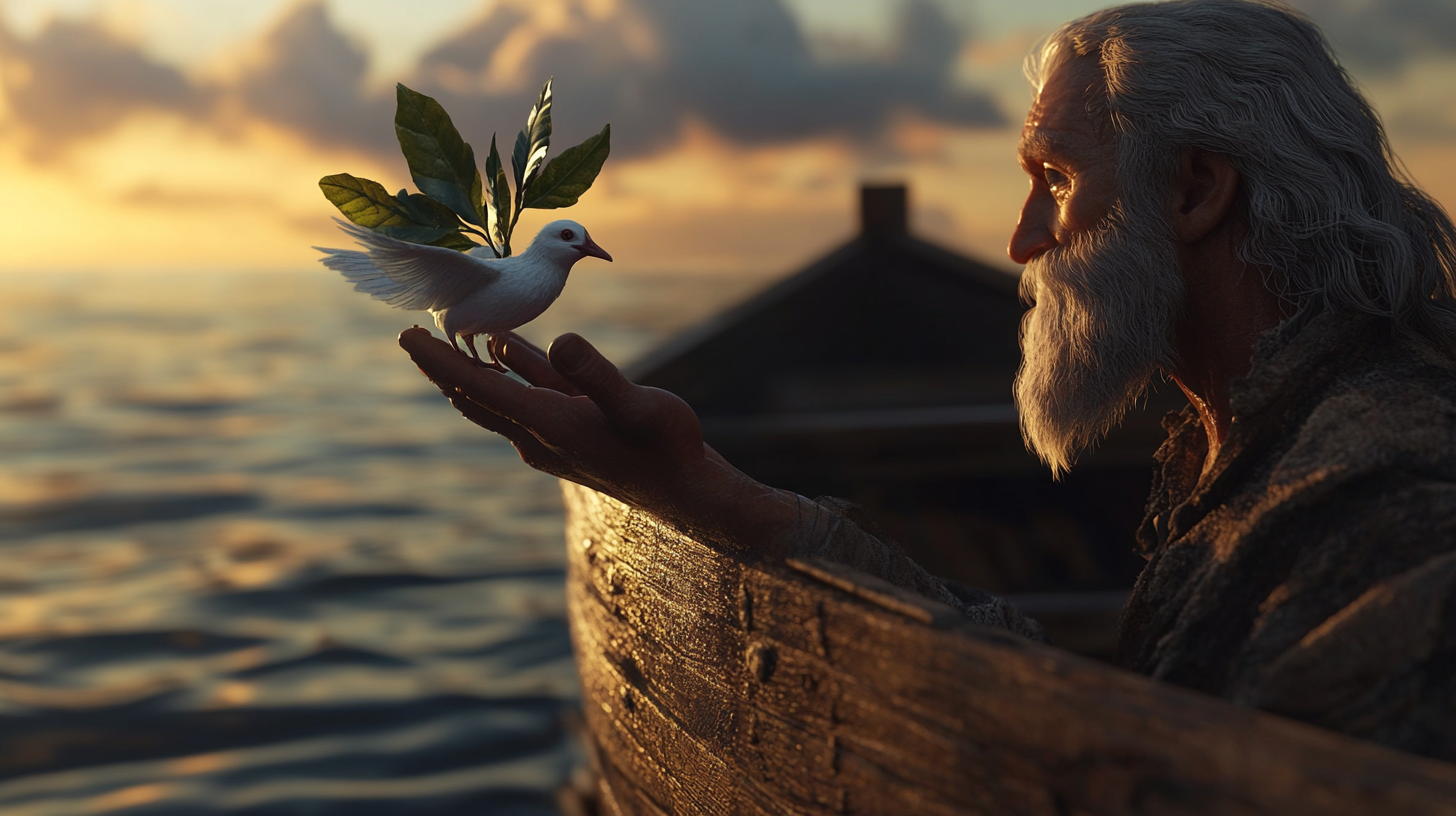 Noah holding dove on ark with olive leaf