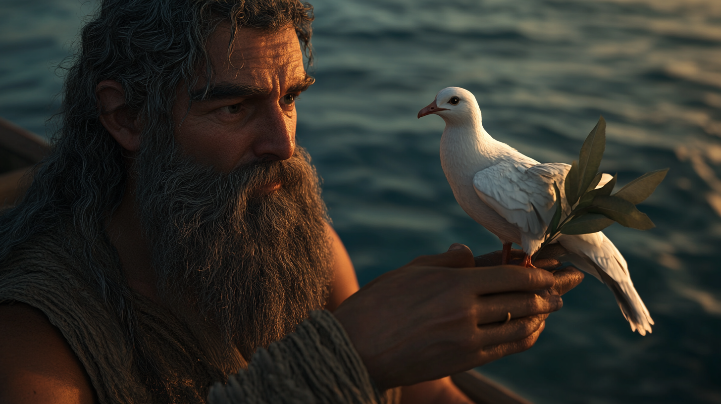 Noah holds dove on ark, dove holds olive